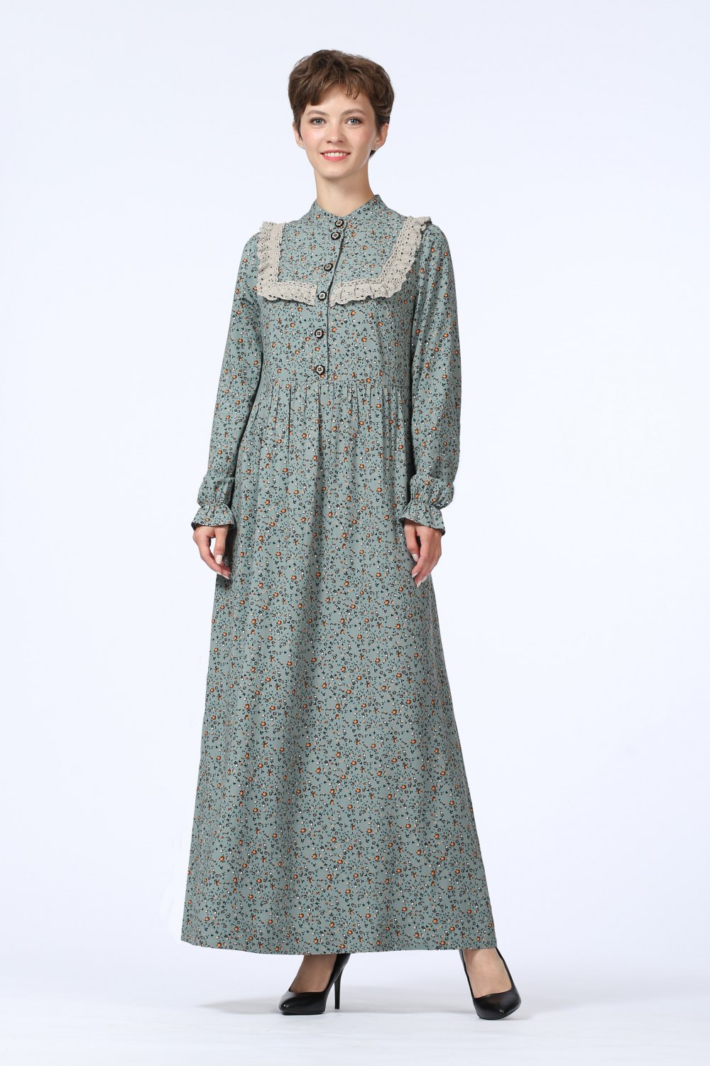 Платье женское "Дарья" длинная модель 675/3 цвет: серо-голубые цветочки
