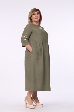 Платье женское "Нимфа" с цветами модель 431/2 лен хаки